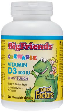 Жевательныый Витамин D3 со вкусом для детей, Natural Factors, Big Friends, 10 мкг, 250 таб США